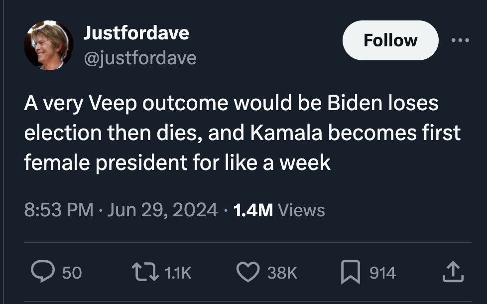 screenshot - Justfordave A very Veep outcome would be Biden loses election then dies, and Kamala becomes first female president for a week 1.4M Views 50 38K 914